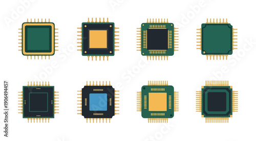 Essential electronic components showcasing various stylized microchips and integrated circuits for technological advancements and modern computing hardware development and system integration