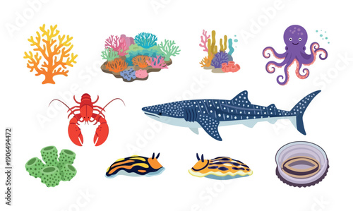 Colorful set of marine life featuring a whale shark, lobster, octopus, various corals, sponges, nudibranchs, and a clam, suitable for educational content and oceanthemed materials
