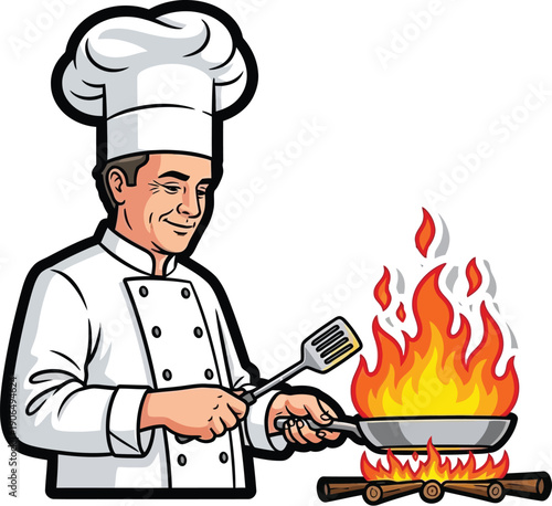 A chef in a white uniform cooking with a spatula and flames in a pan