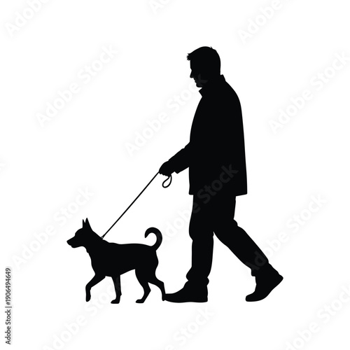 Silhouette of a man walking a dog on a leash person