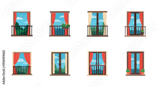 Assorted apartment windows and balcony doors showcasing clear blue skies, fluffy white clouds, and verdant trees, suitable for real estate marketing, environmental themes, or travel