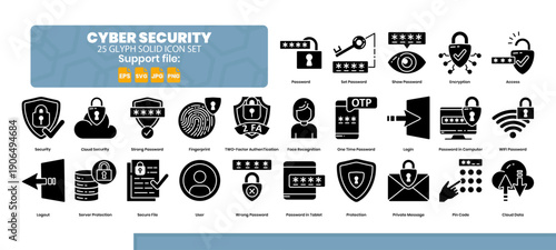 A collection of solid glyph icons with passwords. Cybersecurity theme.