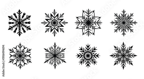 Collection of intricate black snowflake designs arranged on a white background
