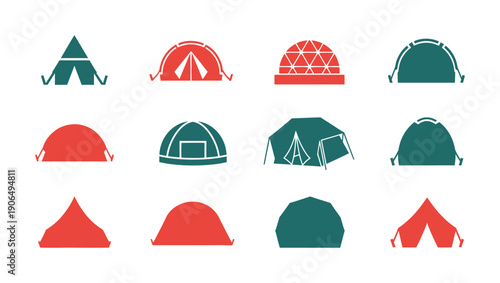 A versatile collection of minimalist camping tent icons and symbols in a modern flat graphic style suitable for outdoor adventure brochures, travel websites, nature park signage, or mobile