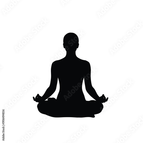 Silhouette of a person meditating in lotus pose on white background