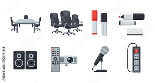 Various essential business and office equipment for corporate meetings, educational presentations, and professional conference setups to facilitate communication and learning activities.