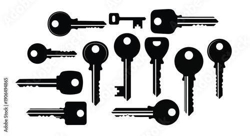 Collection of various black keys depicted in a simple graphic style