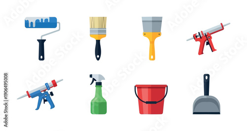 Versatile collection of home improvement and cleaning tools like paint rollers, brushes, caulk guns, spray bottles, buckets, and dustpans suitable for construction, DIY, or store