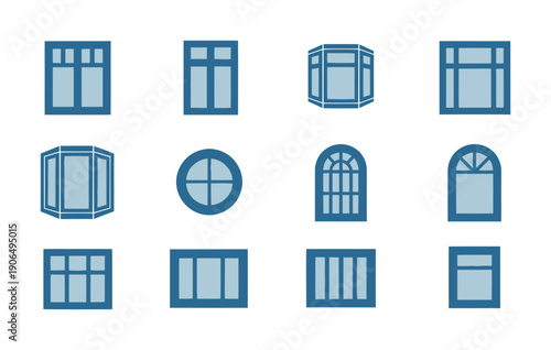 A comprehensive set of diverse window styles including double hung, casement, bay, arched, and round shapes, ideal for architectural planning, residential design, or construction projects.