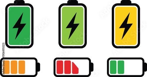 Set of battery charge level indicators showing various power states with lightning bolt on transparent background