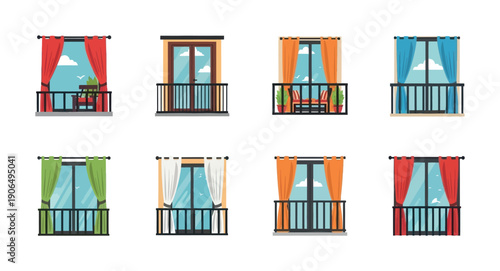 Collection of vibrant colorful balconies and windows featuring various curtains and outdoor settings perfect for architectural presentations or home design projects