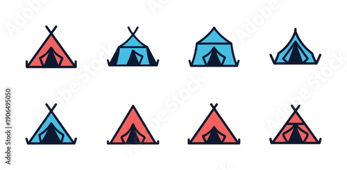 Colorful outlined tent icons representing various camping shelters for outdoor adventure and wilderness exploration perfect for travel applications and website graphics