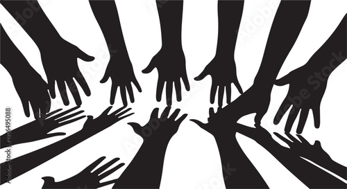 Many hands reaching together in unity and cooperation concept