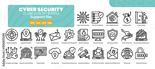 Set of 25 line icons about data protection, technology and cybersecurity.