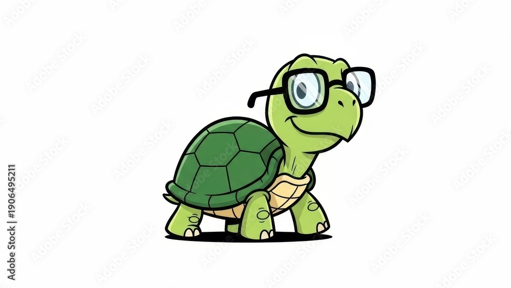 Obraz premium Cute green cartoon turtle wearing black eyeglasses, smiling tortoise character, isolated on white