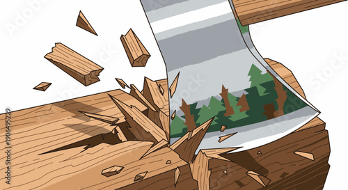 A sharp axe vigorously chops into a thick wooden log, sending splinters flying, with a serene forest scene reflected on its metallic blade.