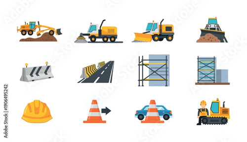 A diverse collection of construction and road work icons featuring heavy machinery, safety barriers, scaffolding, and protective equipment for industryspecific visual content.
