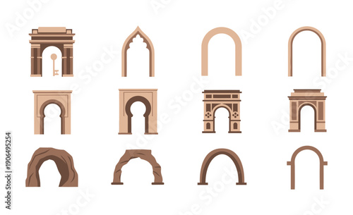A collection of diverse architectural arches and natural stone archway structures suitable for historical landmark representations, construction projects, or travel themed graphic resources.