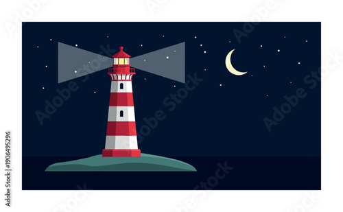 Red and white striped lighthouse on a small island shining its guiding light across the dark ocean at night with a crescent moon and stars, perfect for maritime safety and travel themes.