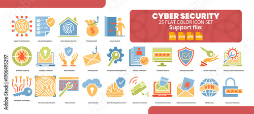 Set of 25 flat icons about data protection, technology and cybersecurity.