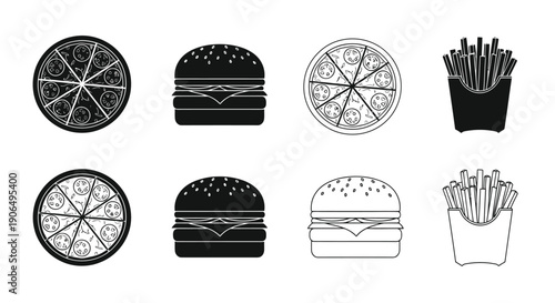 Black and white line art illustration of fast food items pizza burgers and fries