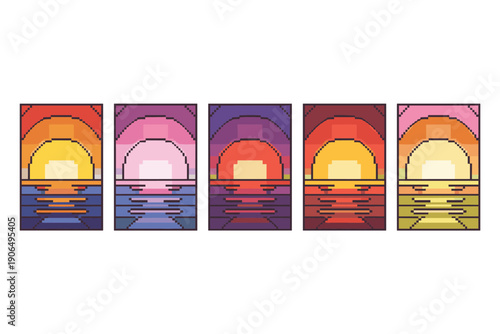 Five pixel art landscapes depicting sunsets over water with geometric design and colorful reflections on sea