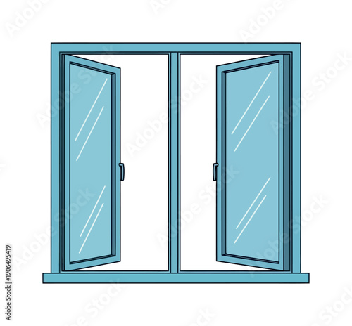 A light blue double window with two open panes providing a view into a clear interior space, perfect for architectural graphics, home renovation projects, or environmental comfort awareness