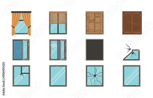 A versatile collection of window types featuring classic curtains, modern blinds, wooden shutters, open, closed, and shattered glass panes, suitable for architectural and home repair