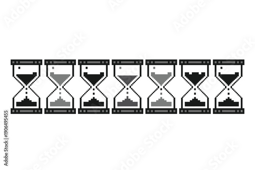 Pixel art hourglass icons set showing passage of time for gaming interface loading screens and retro graphic designs