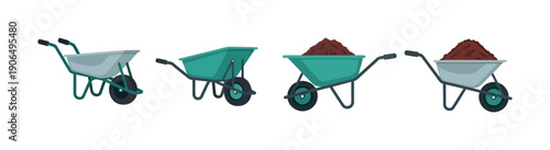 A collection of garden wheelbarrows, some empty and some filled with fertile soil, ideal for illustrating landscaping, farming, and construction equipment needs for various projects.