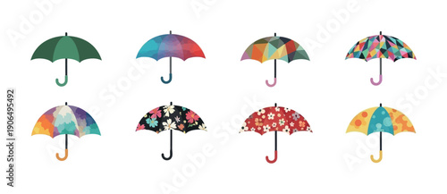 A vibrant collection of diverse umbrellas showcasing a range of colors and patterns, perfect for adding a cheerful touch to weatherrelated themes, seasonal promotions, or graphic projects.