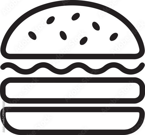 Simple illustration of a classic cheeseburger with sesame seed bun and wavy lines for lettuce