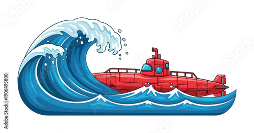 Red submarine navigating through powerful blue ocean waves creating an adventurous maritime scene suitable for childrens books or travel industry marketing materials