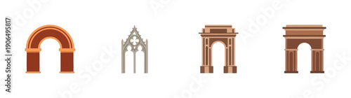 Assortment of architectural arches displaying diverse historical styles such as Roman, Gothic, and triumphal gateways, suitable for cultural heritage projects and educational content.