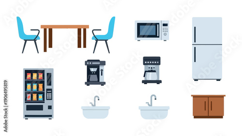 Selection of household and office appliances with furniture including table chairs microwave refrigerator vending machine coffee makers sinks cabinet for kitchen staff room break area