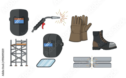 Essential protective gear and tools for welding and construction work, perfect for industrial safety brochures and skilled trade training materials.