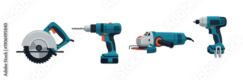 Collection of essential electric power tools for various construction, woodworking, and renovation projects, suitable for professional and do it yourself use.
