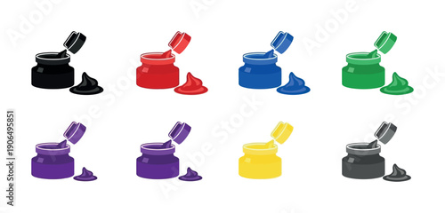 Vibrant open paint bottles with squeeze caps and matching paint blobs representing creativity and artistic expression for educational materials craft stores or graphic design projects