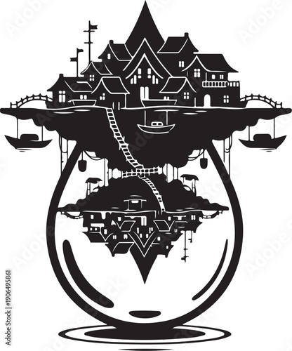 Whimsical Floating Village in a Glass Globe Illustration Art