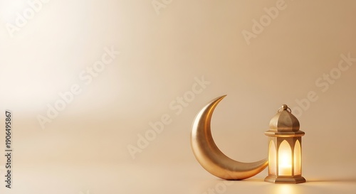 Golden crescent moon with illuminated lantern for Ramadan