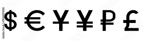 Currency icons. Black color. Money.