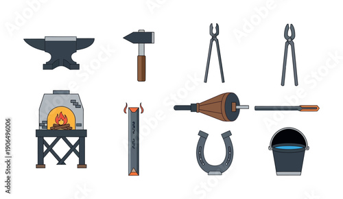Set of blacksmith tools and forging equipment including anvil, hammer, glowing forge, tongs, bellows, horseshoe, and water bucket for traditional metalworking and craft themes.