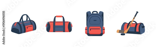 Collection of various sports bags including duffel bags, a backpack, and a hockey equipment bag with a stick and puck, perfect for athletic product advertising or fitness lifestyle