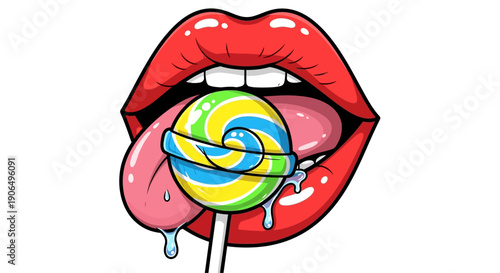 Cartoon illustration of red lips licking a colorful swirl lollipop with drips.