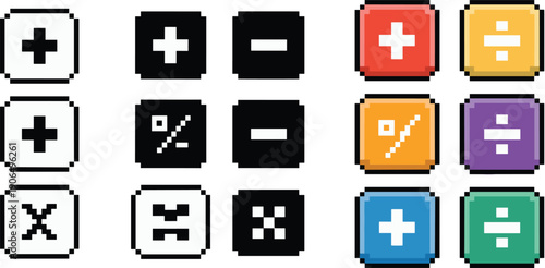Calculator pixel art buttons with mathematical symbols plus minus multiply divide percentage and colors