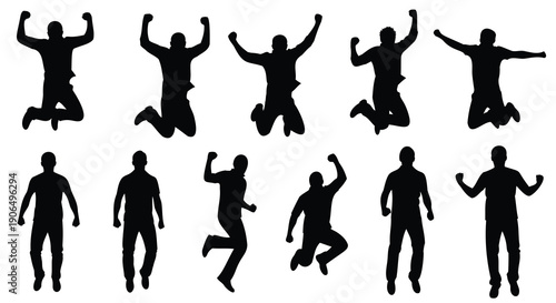 Silhouettes of men jumping and running on white background