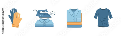 Essential household cleaning and laundry supplies are presented, featuring protective gloves, a steaming iron, and neatly folded garments, ideal for homemaking and domestic taskrelated