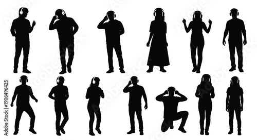 Silhouettes of people wearing headphones in various poses and actions