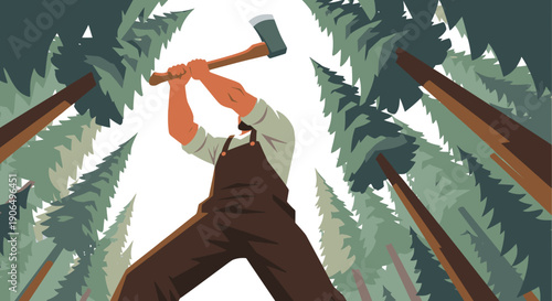 A determined lumberjack, viewed from below, vigorously swings a sharp axe amidst a towering forest, symbolizing hard work and the logging industry.