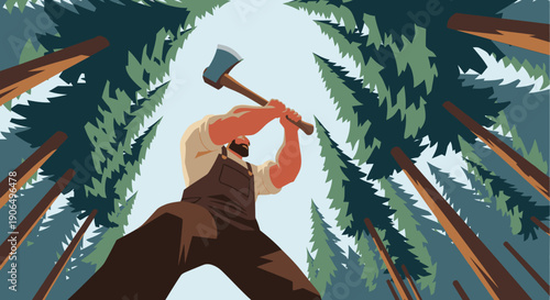 A powerful lumberjack, viewed from below, swings a sharp axe amidst a dense forest of towering pine trees under a clear sky.